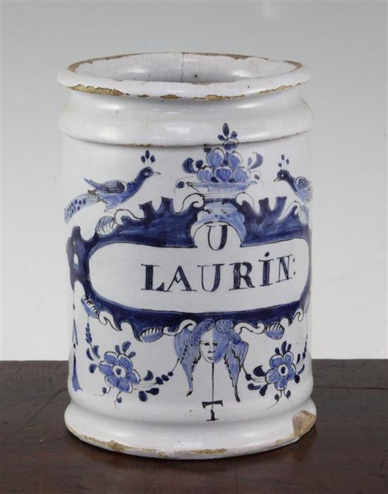 A Delft blue and white cylindrical wet drug jar, early 18th century, 15.5cm, some damage